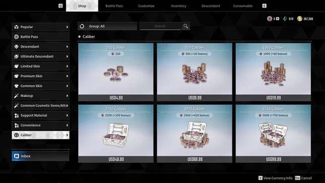 A screenshot of The First Descendant's store shows different prices for Caliber.