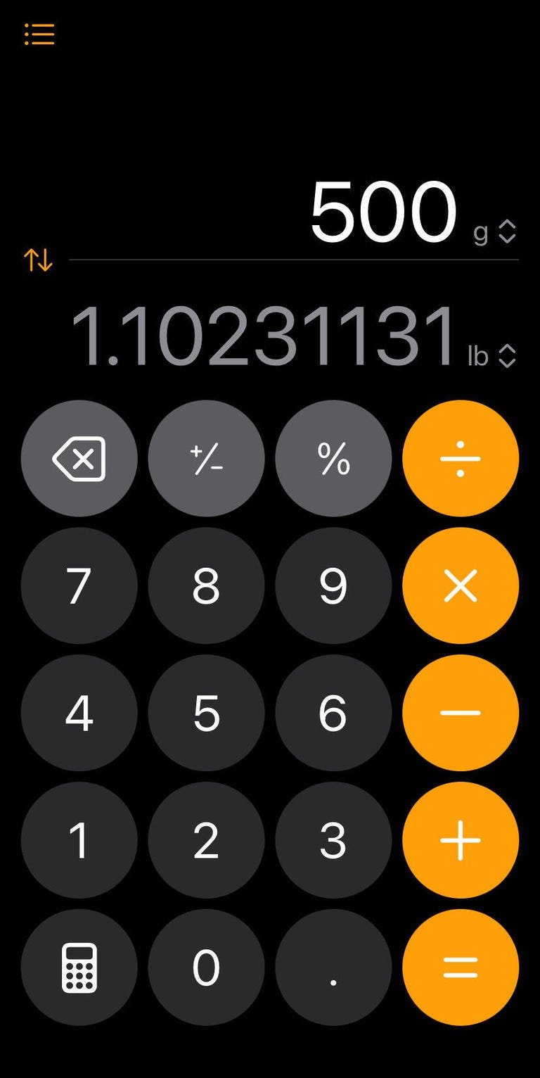 Calculator converting 500 grams into 1.1 pounds