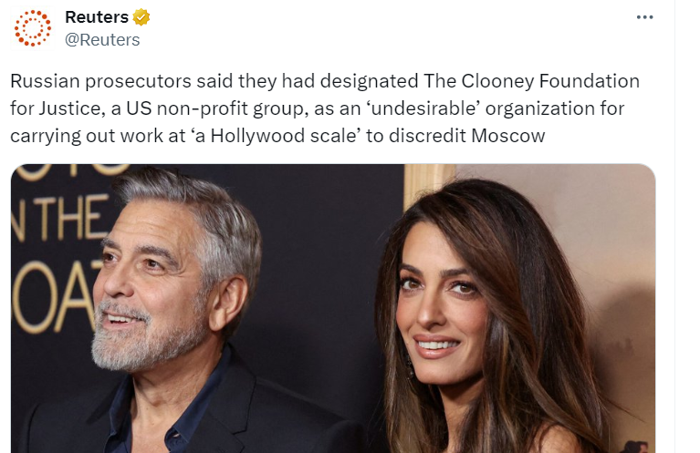 Russia Declares Clooney Foundation 'Undesirable' - Source: Reuters