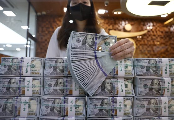 A worker sorts through stacks of dollar bills at Hana Bank's Counterfeit Notes Response Center in Jung District, central Seoul, on Wednesday.[YONHAP]